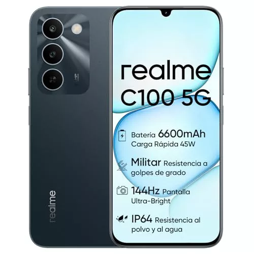realme C100 5G Smartphone, 4GB+128GB, Pantalla LCD 144Hz 6,5", Batería 6600mAh, Cámara 50MP IA, IP64, Carga Rápida 45W, Dual SIM, AI Boost, Verde (Sin Adaptador) Garanzia Standard di 3 Anni