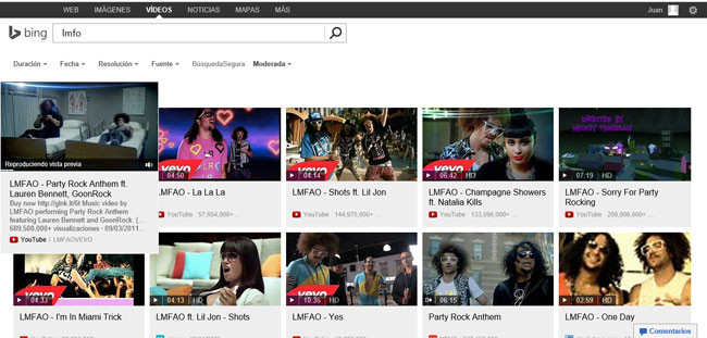 Búsquedas de vídeo en Bing
