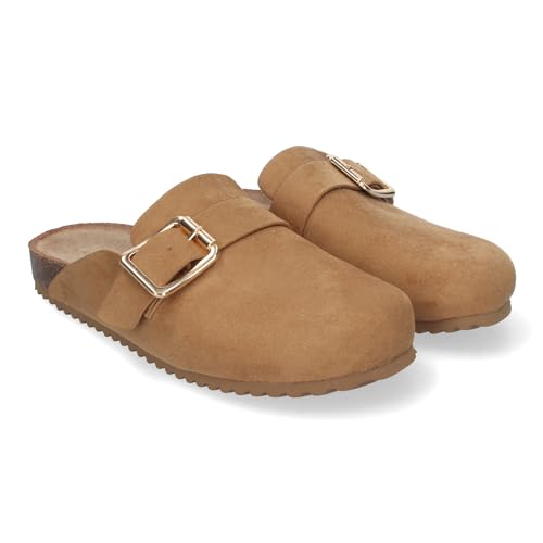 85160 Zueco Plano Ancho para Mujer, Comodo y Elegante, Planta Bio, con Cierre de Hebilla. Camel Talla 39