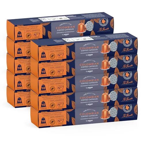 By Amazon Café Colombiano Compatible con Nespresso, 100% Arábica, Tueste Medio, 100 Cápsulas de Aluminio (10 paquetes de 10)