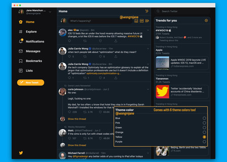 Twitter está probando un nuevo tema oscuro para su webapp con seis variaciones de colores diferentes