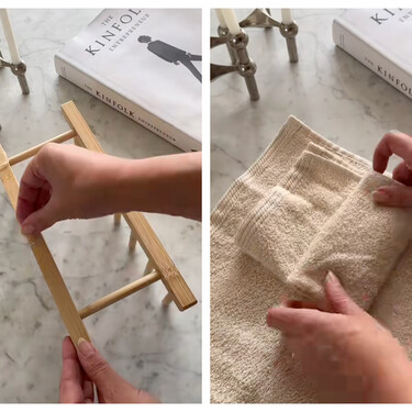 Era un escurreplatos de Ikea, pero basta darle la vuelta para convertirlo en un práctico toallero