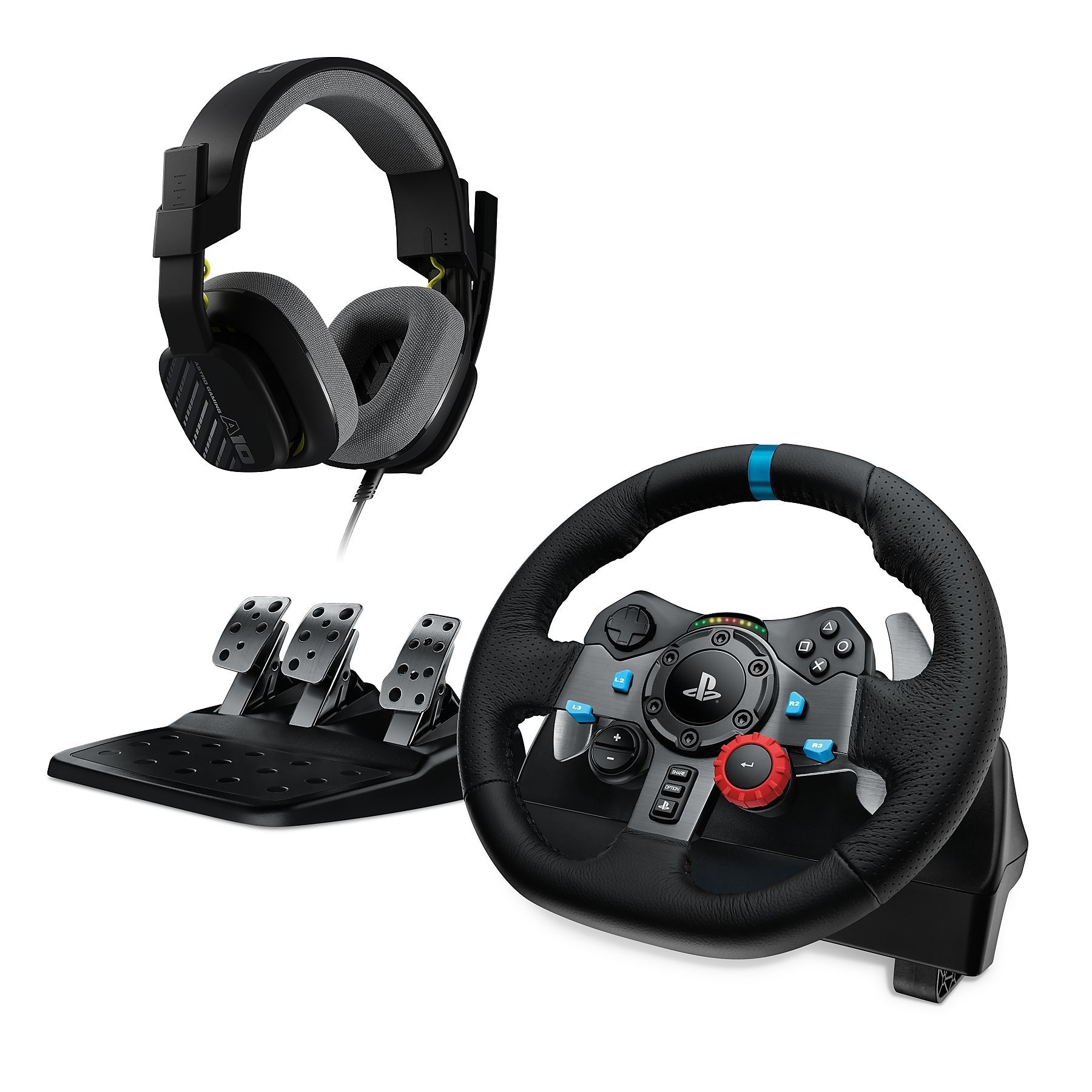 Volante - Logitech G G29 + Auriculares gaming ASTRO A10, PlayStation 5 y 4/PC, Micrófono volteable, Control de volumen, Force Feedback, Negro y Blanco
