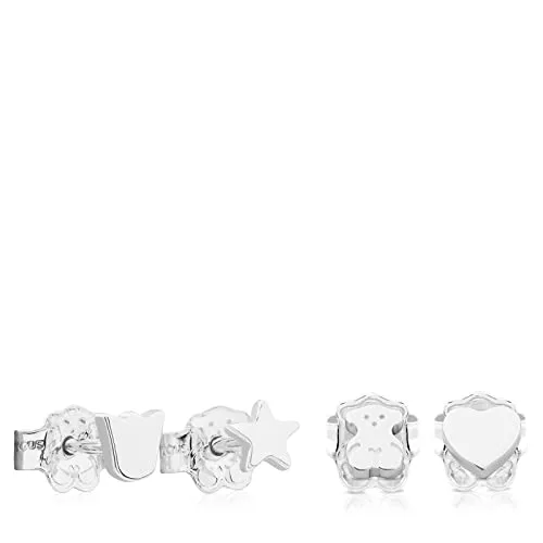TOUS Pack de 2 Juegos de Pendientes de Plata de Primera Ley para Mujer con Cierre de Presión y 4 Motivos Diferentes 0,45cm, Minimalista y Elegante, Colección Basic
