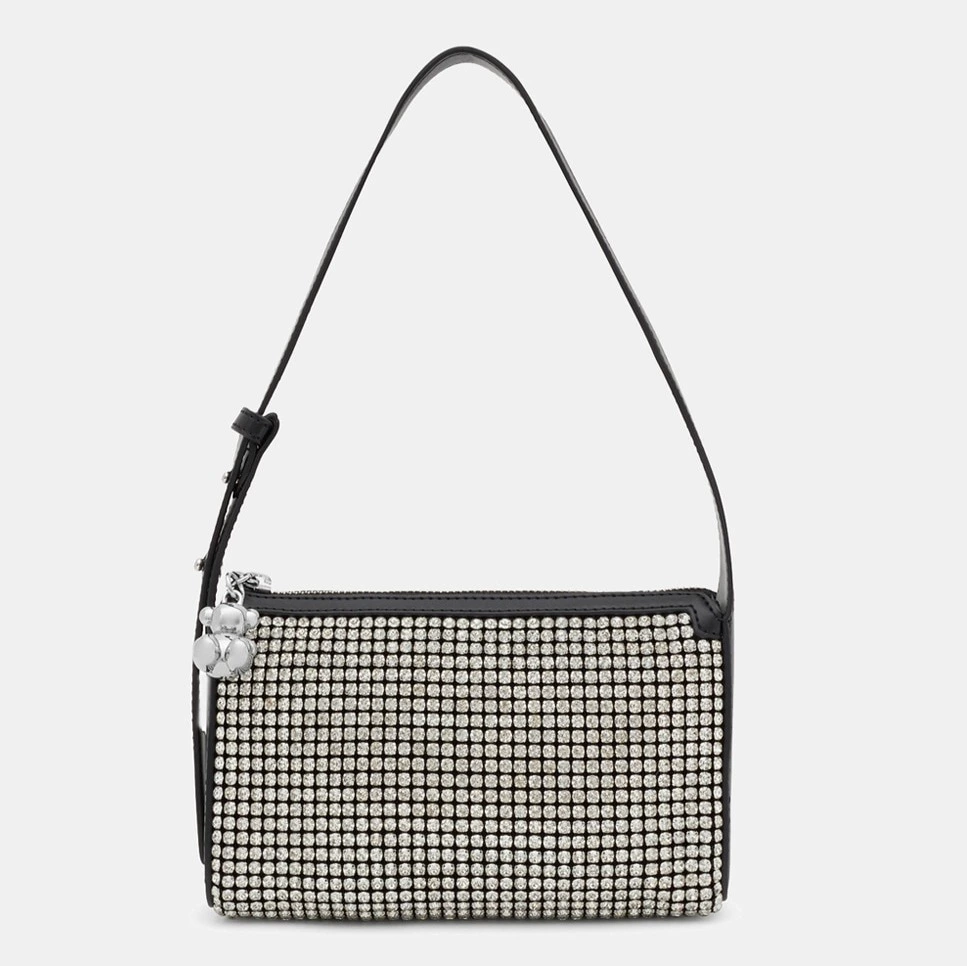 Bolso de fiesta con strass en plata y cremallera

