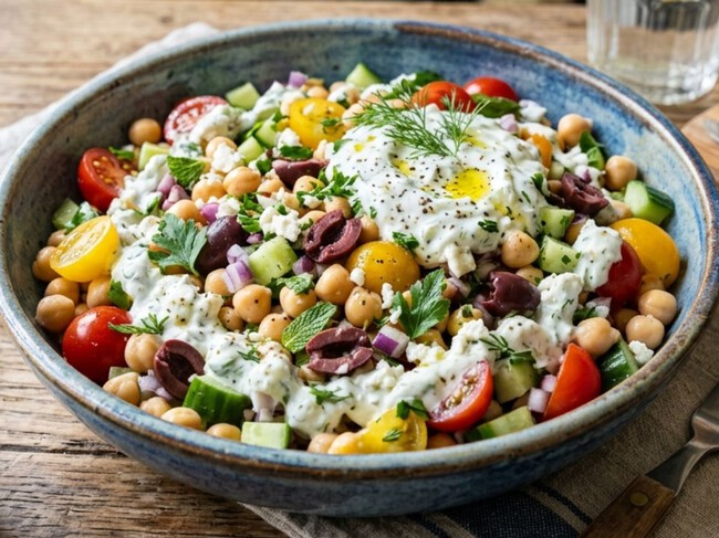 Cómo hacer una ensalada de garbanzos enlatados con salsa cremosita, una receta para acompañar pollo a la plancha