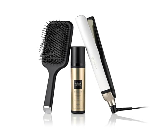 GHD Platinum+ - Plancha de Pelo Cerámica Profesional e Inteligente, Incluye Spray Protector Térmico Bodyguard y Cepillo Paddle All Rounder, Blanco - Exclusivo Amazon