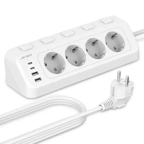 JSVER Regleta de Esquina con USB y 2 Puertos Tipo-C, Enchufes 4 Tomas con Interruptores Individuales, Regleta USB C (3680W/16A), con Cable de 2 m para Smartphones y Tablets-Blanco