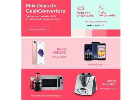 Pink days en eBay: hasta el 26 de febrero hasta un 70% de descuento en artículos usados de Cash Converters con envío gratis