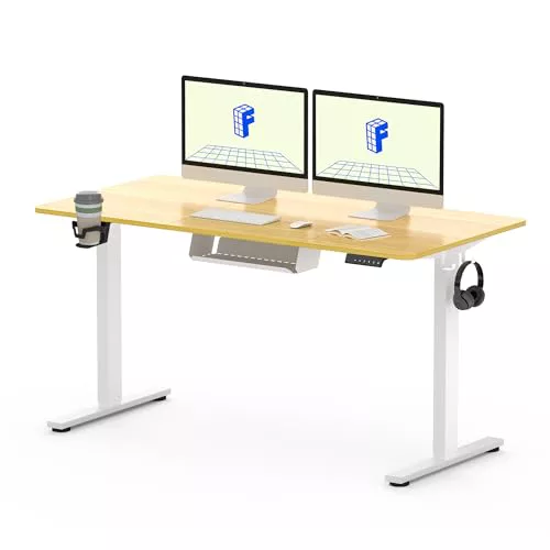 FLEXISPOT QE Pro Escritorio Elevable Eléctrico 140x60cm, Mesa Elevable con 2 Ganchos, Portavasos y Organizador de Cables, 4 Función de Memoria, Standing Desk para Oficina & Hogar y Teletrabajo, Arce
