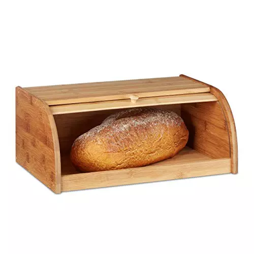 Relaxdays Panera Bambú, Tapa Deslizante, Caja para Pan Madera, 16,5 x 40 x 27,5 cm, Abatible, con Repisa, Marrón Natural, Tablero de Fibras, 40 x 16,5 x 27, 5 cm