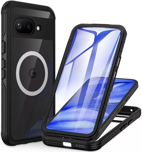 CENHUFO Funda Google Pixel 9a, Carcasa Magnética Antigolpes 360 Grados con Protector Pantalla Cristal Templado 9H Integrado, Robusta Doble Cara Case Bumper Transparente Capa Funda Pixel 9a - Negro