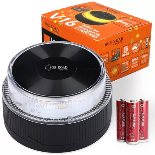 SOS ROAD Baliza de Emergencia V16 con Geolocalización y Conexión DGT 3.0 – Uso Obligatorio Enero 2026, Señal LED Homologada para Coche, Alcance 1km, Resistente al Agua, Datos Incluidos hasta 2038