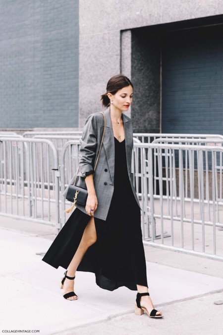New York Fashion Week Spring Summer 2016 Street Style Maria Duenas Jacobs Grey Blazer Long Dress Saint Laurent Bag 2 790x1185