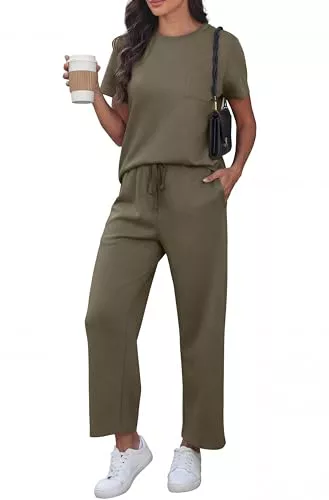 GRECERELLE Conjunto de dos piezas para mujer de viaje al aeropuerto, conjunto de verano de manga corta, informal, con cuello redondo, chándal, conjunto completo para mujer, tops de manga corta y