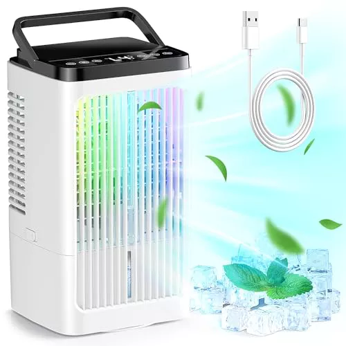 Aire Acondicionado Portátil 4 en 1, Enfriador de Aire Portátil 1200ml, 4 Velocidades, 2 Nebulización, 7 Colores LED, Temporizador 1-8H, Enfriador de Aire para Camping, Oficina (Blanco)