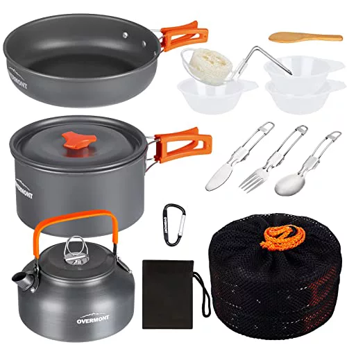 OVERMONT 14Pcs Kit de Utensilios Cocina Camping Olla Sartén Tetera