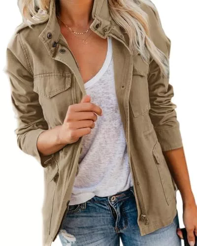 Imily Bela Chaqueta utilitaria para mujer, cuello alto, ligera, con múltiples bolsillos, otoño, Kahki., XL