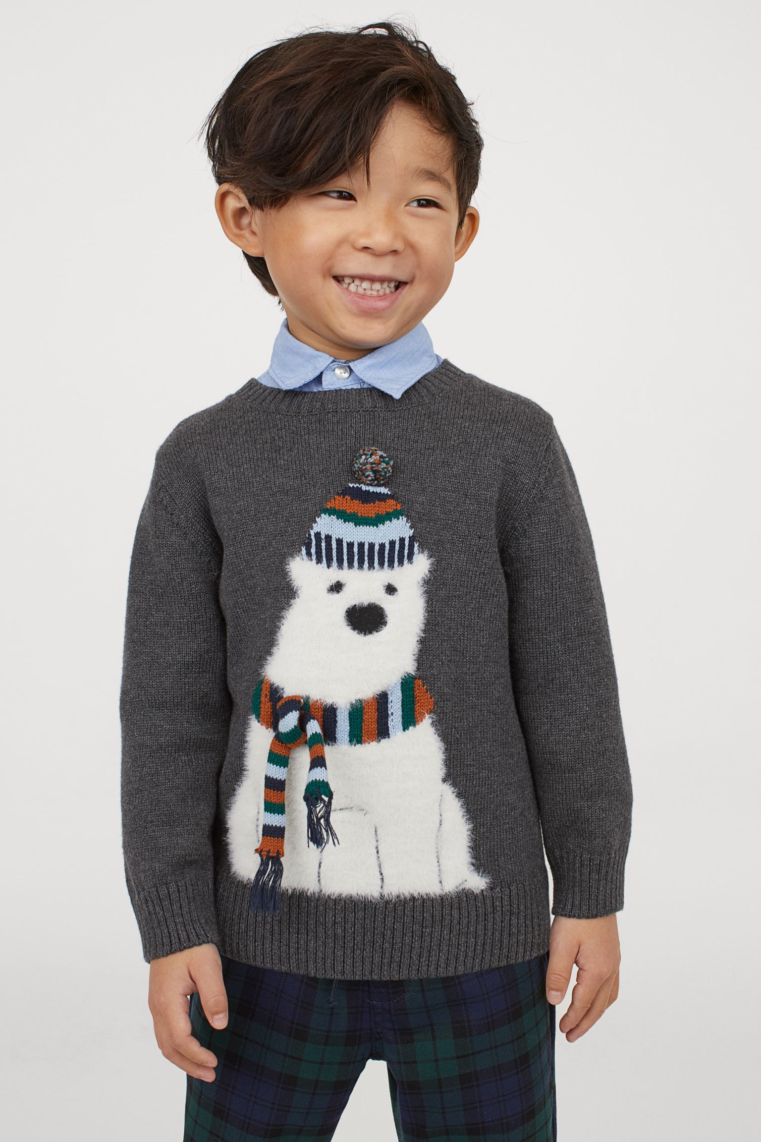 Jersey de punto gris con dibujo de oso blanco