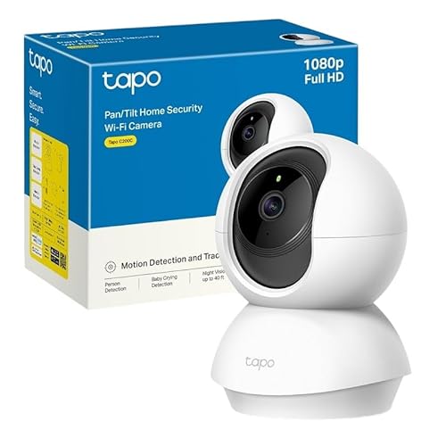 Tapo Cámara de vigilancia WiFi interior 360° 1080p C200C, visión nocturna, notificaciones en tiempo real, detección de personas, seguimiento de movimiento, control remoto, compatible con Alexa