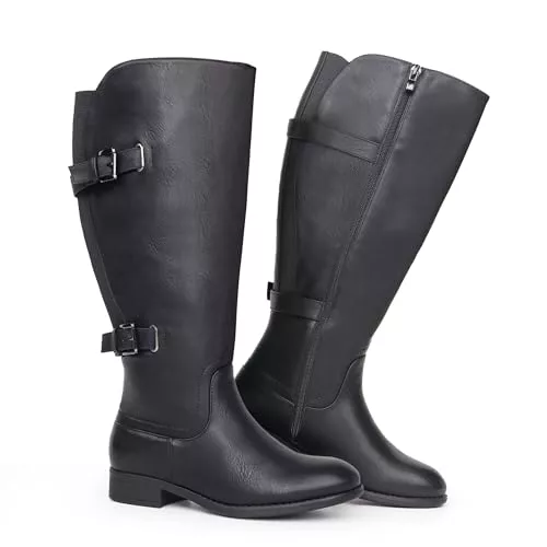 Chicblooms Botas clásicas de caña ancha con tacón plano y doble hebilla trasera elásticas para mujer, PU negro, EU41