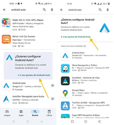 Android Auto を設定するためのショートカットの新しいデザイン (左) と以前のショートカット (右)。