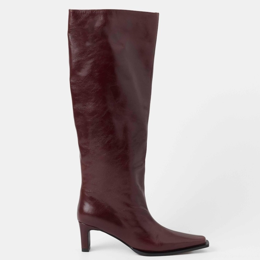 Botas básicas de mujer de piel con caña alta y tacón - Mim - Burdeos

