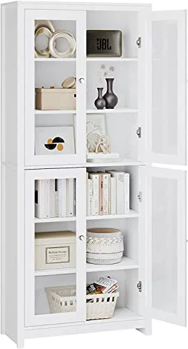 FOREHILL 190cm Vitrina de Cristal, Vitrina Salón, Mueble de Salón, Aparador Comedor, Aparador Cocina, Estantería Oficina, con 6 Estantes 4 Puertas, Madera y Cristal, Blanco, 80x33x190cm