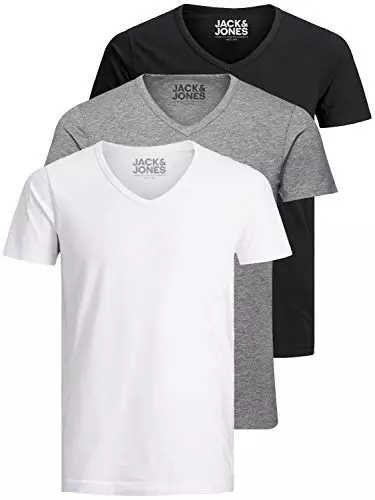 JACK & JONES Camiseta básica para hombre, cuello de pico, paquete de 3 unidades, color liso, corte ajustado, en blanco, negro, azul y gris, XXL