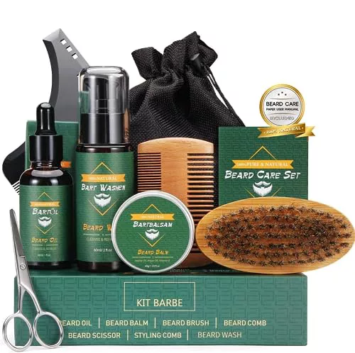 Kit Cuidado Completo para Barba de Hombres, con Champú, Aceite, Bálsamo, Cepillo, Peine, Tijeras, Bolsa de Viaje, Regalos para Papá, Novio, Caballero
