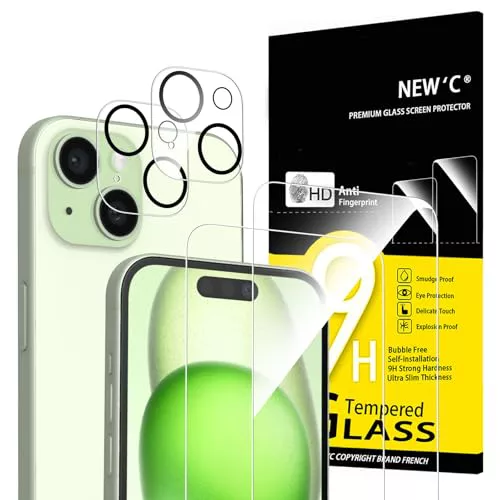 NEW'C 4 Pack, 2 x Protector Pantalla para iPhone 15 (6,1 Pulgadas) y 2 x Protector Pantalla Protector de Lente de Cámara - Cristal Templado - Libre de Burbujas - Ultra Resistente - Cristal Dureza 9H
