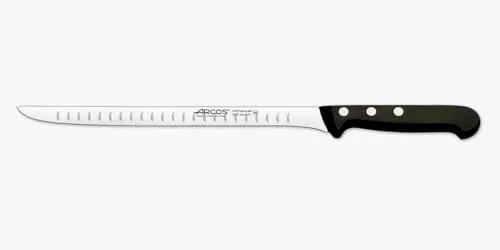 Arcos Cuchillo Jamonero con Alveolos de Acero Inoxidable. Hoja 240 mm. Mango de Polioximetileno POM para Cortar o Tallar Alimentos con precisión y facilidad. Serie Universal. Color negro.