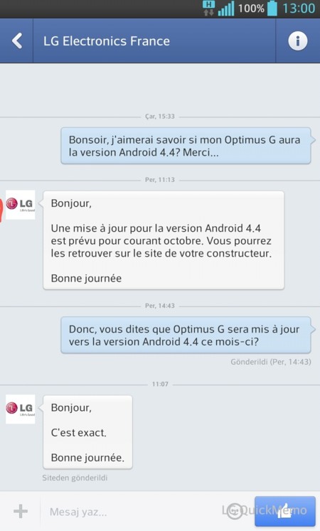 LG Francia Android 4.4 Kitkat octrubre LG Optimus G