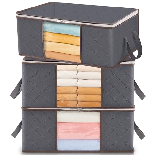 Lifewit Organizador Ropa, Cajas Almacenaje Ropa Plegable con Asa Reforzada, Bolsas para Guardar Ropa de Tejido Resistente y Ventana Transparente para Suéteres, Abrigos, Mantas, Gris, 35 L, 3 Piezas
