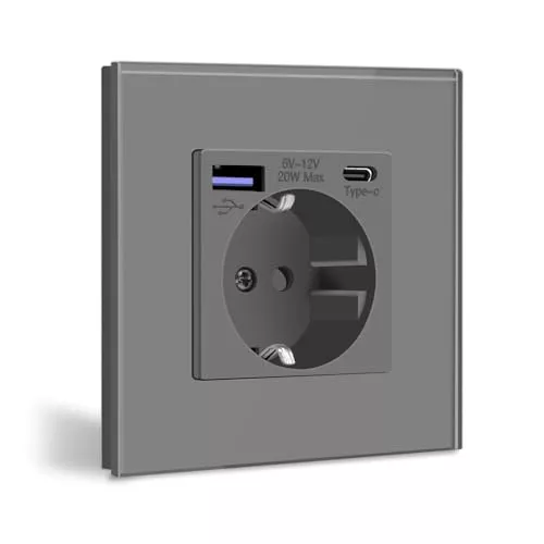BSEED Enchufe de Pared con USB C 20W,Gris Schuko Enchufe con Cargador Rápido USB Tipo C,1 Gang Toma de Corriente con 2xCargadores USB y Typ C,Enchufe Integrado Adecuado