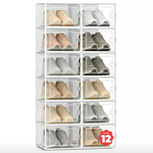 JUPPLIES Cajas de Zapatos Transparentes (Pack de 12) | Zapatero Plastico Apilable con Apertura Frontal, Ventilación y Sistema Antivuelco, Organizador de Zapatos con Montaje Fácil