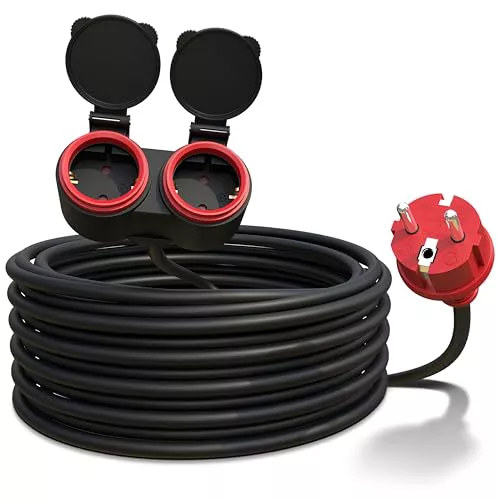 Poppstar Alargador Exterior 10 m (2 Tomas Schuko, IP44, 16A/3680W, H05RR-F 3G1.5), Negro/Rojo