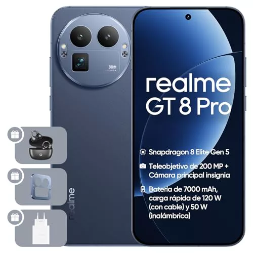 realme GT 8 Pro 5G Teléfono móvil, 16+512 GB, Snapdragon 8850, 200 MP Teleobjetivo Gran Sensor, Cámara 50 MP OIS, Pantalla AMOLED 6,78" 2K 144 Hz, Batería 7000 mAh, Next AI, IP68, Azul, Adaptador