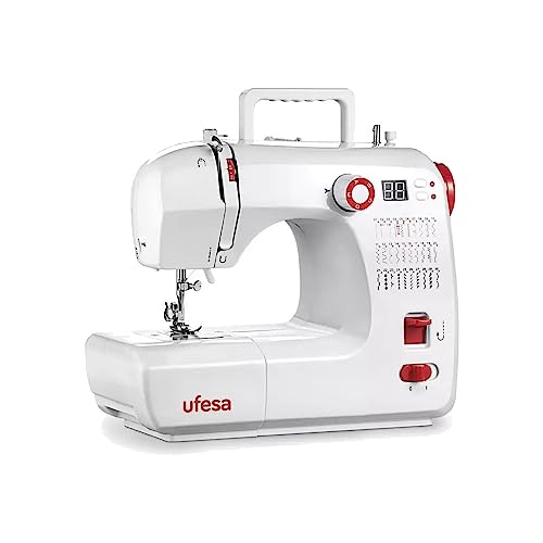 Ufesa SW3003 Performance Máquina de Coser con 30 Puntadas, Pantalla LCD, 2 Velocidades, Luz de Costura, Pedal/Interruptor Manual, 12V de Potencia, Plástico, Blanco y Rojo