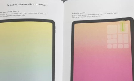 Un manual muestra un supuesto iPad Air 4 sin marcos, con USB-C y Touch ID en el botón de bloqueo