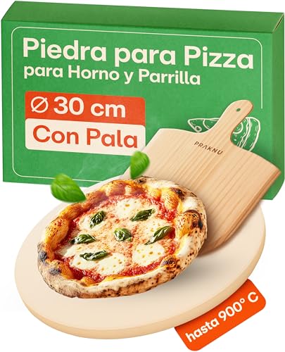 Praknu Piedra para Pizza Horno con Pala de Bambú - Piedra Cordierita 30 cm Refractaria para Parrilla y Barbacoa Para una Masa Crujiente