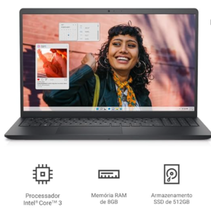 Notebook Dell Inspiron i15-i3100-A15P 15.6" Full HD Intel Core 3-100U 8GB 512GB SSD Win Home Preto Carbono