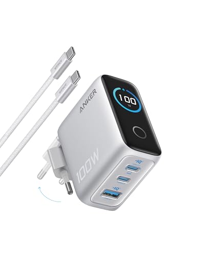 Anker Cargador iPhone Carga rapida 100 W, Cargador de Pared GAN Compacto de 3 Puertos, Pantalla Inteligente, Control por Toque, Compatible con MacBook, iPad, Series iPhone 17/16/15