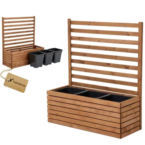 Maceta con enrejado y jardinera, de madera, para jardín, balcón, terraza, banca de plantas elevada con inserto de plástico de 18 l (marrón horizontal, 98 x 36 x 35 cm, H115)