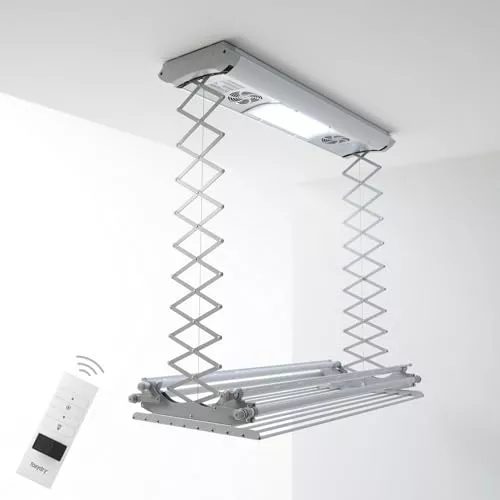 foxydry Air Tendedero Eléctrico de Techo con Control Remoto, Tendedero de Ropa de Techo, Tendedero ahorraespacio Regulable en Aluminio y Acero 122x57x30 cm (120)