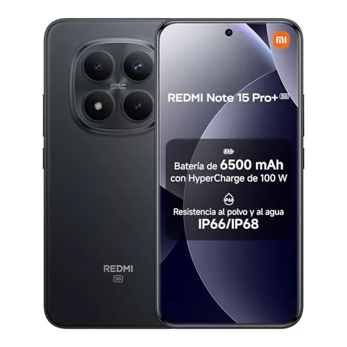 XIAOMI REDMI Note 15 Pro+ 5G - Smartphone de 8+256GB, Pantalla AMOLED 6,83" 1.5K AMOLED, Snapdragon 7s Gen 4, cámara de 200 MP, Hypercharge 100W, Cargador no Incluido, Negro (Versión ES)