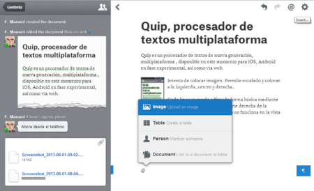 Quip, inserción de elementos