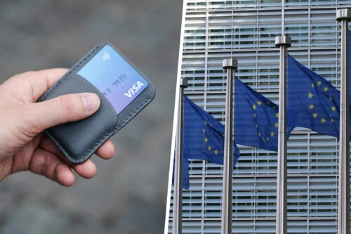 Composición con imagen de una tarjeta Visa y foto de banderas de la Unión Europea
