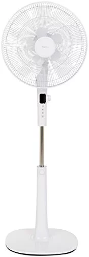 Amazon Basics Ventilador de pie digital oscilante con 5 palas duales, 12 velocidades y mando a distancia, 53.15", Blanco