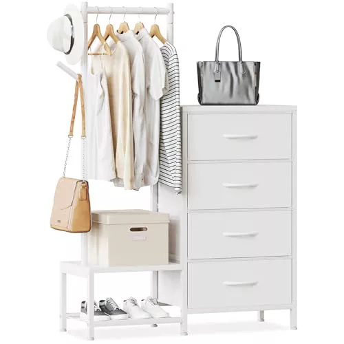 ODK Comoda Dormitorio 3 en 1, con Burro Ropa y 2 Ganchos para Abrigos, Zapatero de Doble Capa en la Parte Inferior, 4 Cajonera de Tela, Ideal para Dormitorio y Pasillo, Blanco